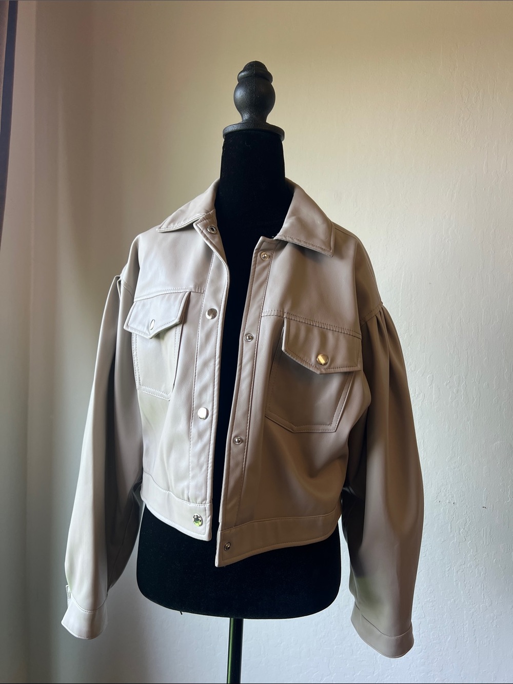 Tahari Taupe Utility Faux-Leather Jacket